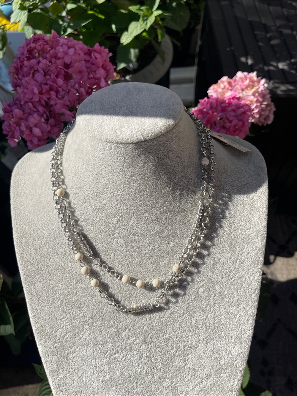 Stony - Silver Long Chain Necklace with Cream Bead Accents